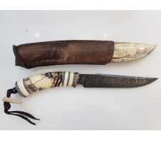 Авторский нож "Дикая охота" Мозаичный дамасск Стабилизированный бивень моржа, Зуб мамонта